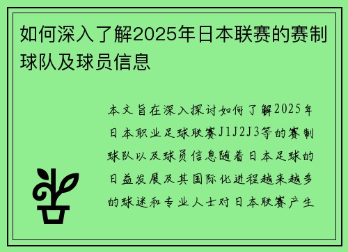 如何深入了解2025年日本联赛的赛制球队及球员信息