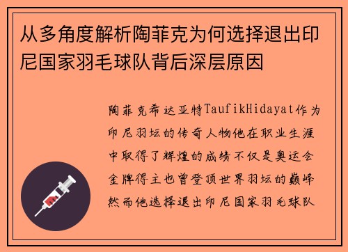 从多角度解析陶菲克为何选择退出印尼国家羽毛球队背后深层原因